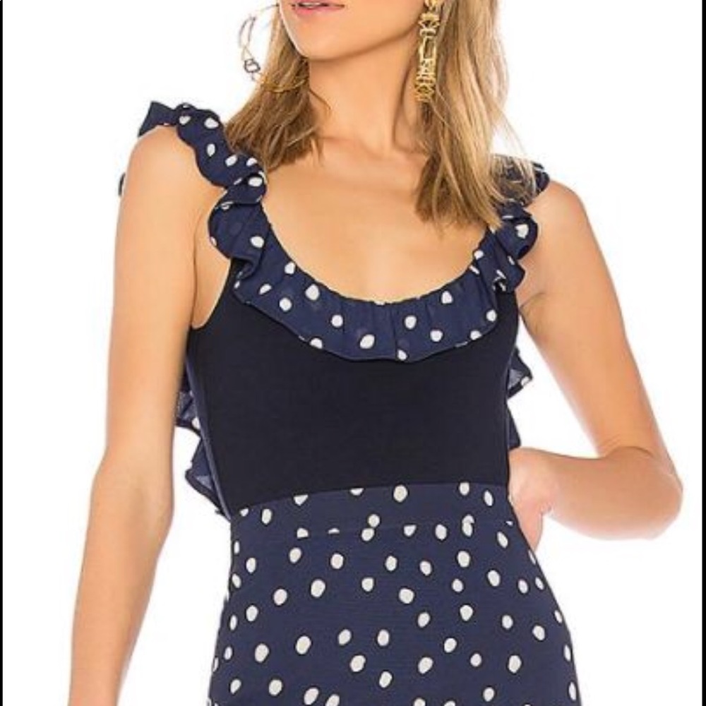 LPA Blue Ruffle Polka Dot Bodysuit